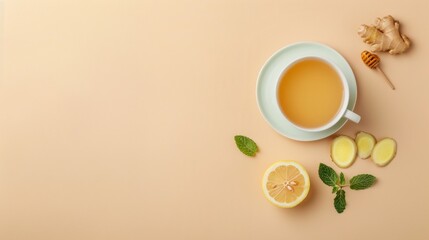 Cup of tea with lemon slices and mint leaves on a table