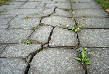 Obraz premium Cracked Sidewalk With Weeds Growing Through