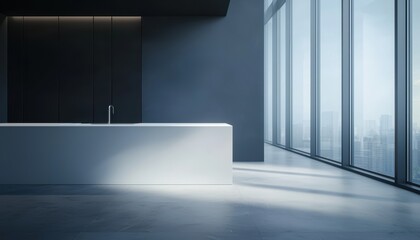 Fototapeta premium Modern interior design with sleek surfaces and large windows for natural light.