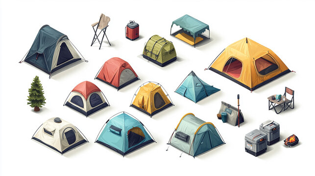 Various camping and picnic setups, isometric style on a soft color background. Concept of outdoor activities and leisure. Tent, tree, fire and wood Vector illustration.