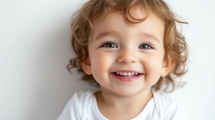 charming portrait of a beaming child, eyes sparkling with joy, radiating happiness and innocence, perfectly set against a crisp white background that emphasizes the child's delightful expression