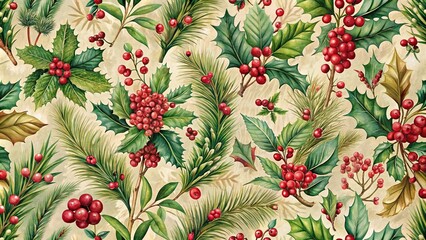 Fototapeta premium close-up vintage christmas decoupage paper seamless pattern with botanical elements berries leafs branches flowers