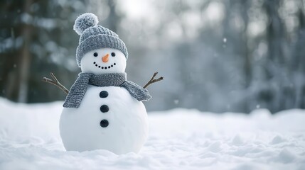 charming snowman against a backdrop of a wintry landscape, designed as a template for a christmas card, evoking warmth and holiday cheer