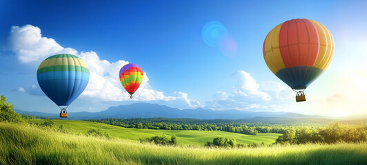 Fototapeta premium Experience the joy of a hot air balloon adventure soaring above breathtaking landscapes and embracing the freedom of the open sky