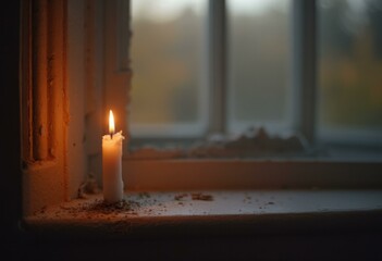 Lit Candle on Windowsill with Blurred Outdoor Scene
