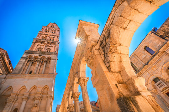 Split, Croatia: Diocletian palace ruins and Cathedral of Saint Domnius bell tower in historic center of Split, Dalmatia
