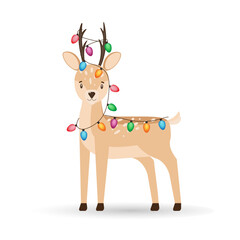 Deer with New Year's garland. Vector illustration of cute cartoon deer with antlers and colorful garland for decorating postcards, banners.