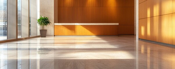 Fototapeta premium Modern lobby interior with polished floor and natural light, featuring a potted plant and warm wooden accents.