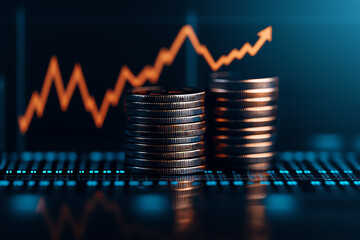 Stacks of coins with a rising graph in the background, representing financial growth and investment opportunities in a digital era.