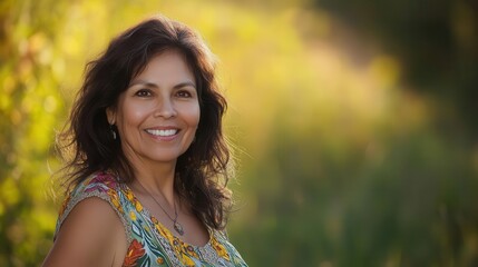 cheerful portrait of a middle-aged hispanic woman outdoors, exuding positivity and pride, surrounded by natural beauty, capturing her vibrant spirit and connection to culture