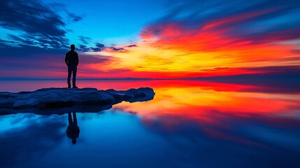 A person gazing at the horizon during sunrise with a peaceful expression symbolizing new beginnings and hope Stock Photo with side copy space