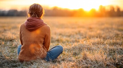 A person gazing at the horizon during sunrise with a peaceful expression symbolizing new beginnings and hope Stock Photo with side copy space