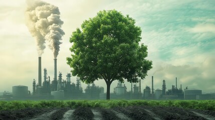 chemical plant emitting smoke beside a resilient green tree, illustrating the environmental challenges of industrialization and the urgent need for sustainable practices
