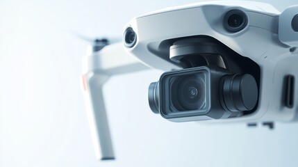 A precision-engineered drone camera with a clean background, indoor setting with a focus on lens and body, Modern style