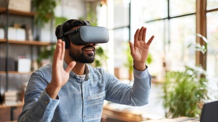 Indian man at a modern office using a virtual reality headset to engage with a virtual interface. innovation, workspace, virtual reality, business, and interaction
