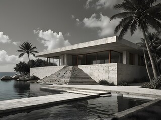 Fototapeta premium Stylish Modern Villa with Pool Surrounded by Palm Trees