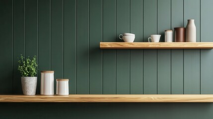 chic kitchen featuring green wall panelling complemented by a sleek wooden shelf, creating a harmonious blend of style and functionality in a modern home