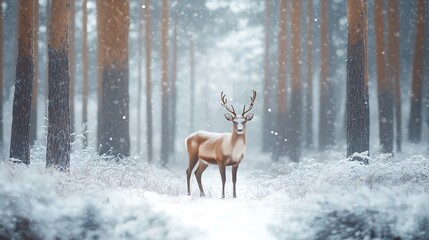 Fototapeta premium A reindeer standing gracefully in the middle of a snow-covered forest, surrounded by tall trees dusted with snow. 