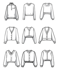 A collection of stylish sweaters and jackets illustrated in black and white line art
