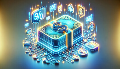 3D Macro Shot Glowing Holographic Banknote Floating Discount Tags Financial Promotions Business Advertising Strategies Ample Copy Space Futuristic Design Icon Isolated White Background