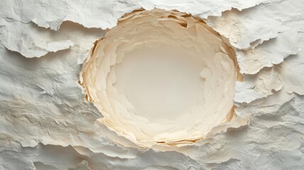 circular hole in textured paper, ripped with natural edges, exposing the white background behind, creating an intriguing visual depth and perspective