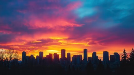 Fototapeta premium city skyline bathed in the warm hues of a sunset, with silhouettes of buildings against a colorful sky, conveying a sense of calm and beauty in urban life