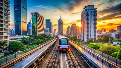 Fototapeta premium Fastest Transport in Bangkok: Selective Focus on the BTS Sky Train in Downtown