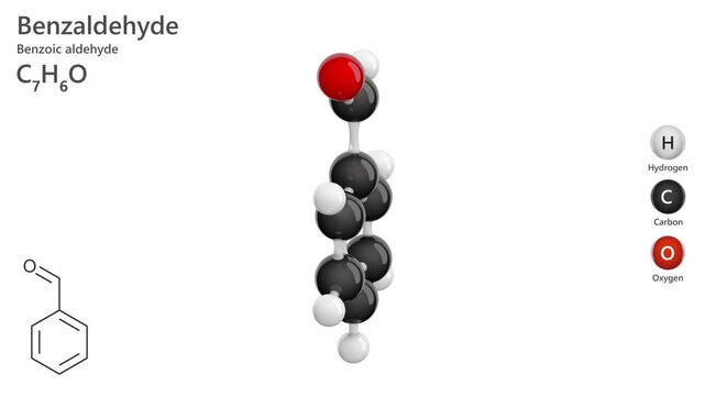 Benzaldehyde or benzoic aldehyde. Animated 3D model of a molecule. Molecular formula: C7H6O. Chemical model: Ball and stick. White background. 3D rendering. Seamless loop.