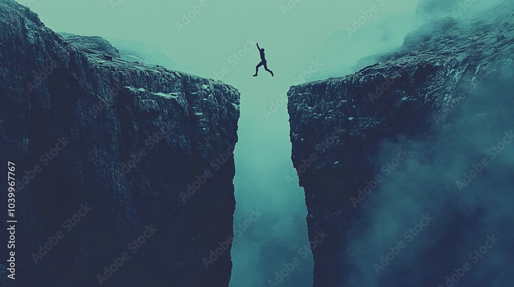 Poster A silhouette of a person jumping across a gap between two cliffs symbolizing overcoming obstacles and embracing optimism Stock Photo with side copy space