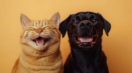 Obraz premium Close-up studio portrait of a happy ginger tabby cat and smiling black dog with vibrant colors and contrasting fur textures, capturing their joyful friendship and expressions.