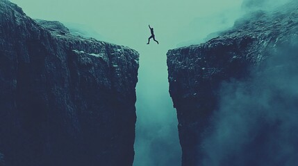 A silhouette of a person jumping across a gap between two cliffs symbolizing overcoming obstacles and embracing optimism Stock Photo with side copy space