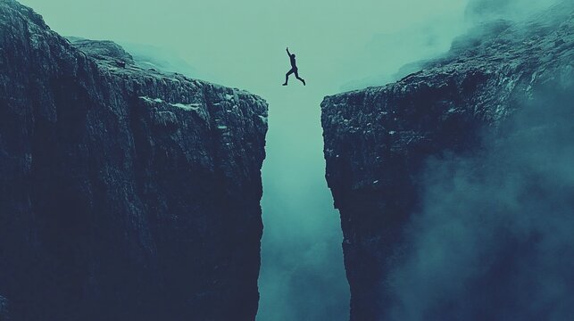 A silhouette of a person jumping across a gap between two cliffs symbolizing overcoming obstacles and embracing optimism Stock Photo with side copy space