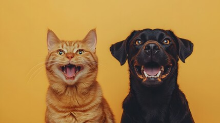 Fototapeta premium Close-up studio portrait of a happy ginger tabby cat and smiling black dog with vibrant colors and contrasting fur textures, capturing their joyful friendship and expressions.