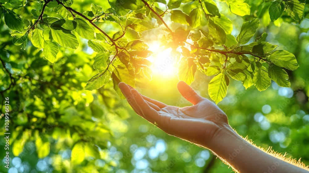 Poster a hand reaching toward the sunlight filtering through tree branches symbolizing hopefulness and conn