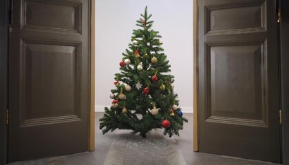 Green decorated fir tree enters the door
