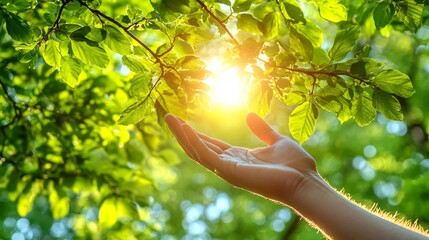 A hand reaching toward the sunlight filtering through tree branches symbolizing hopefulness and connection to nature Stock Photo with side copy space