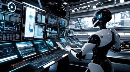 A robot analyzing data in a futuristic control room with multiple screens and high-tech interfaces, sleek and high-tech environment, Control-room style