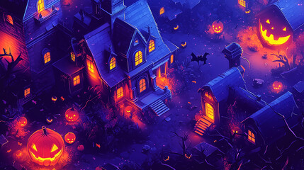 3D Isometric haunted background with illustrations of pumpkins, a cemetery and bats in the middle of a full moon. Premium illustration for banners, posters, greetings and Halloween celebrations.