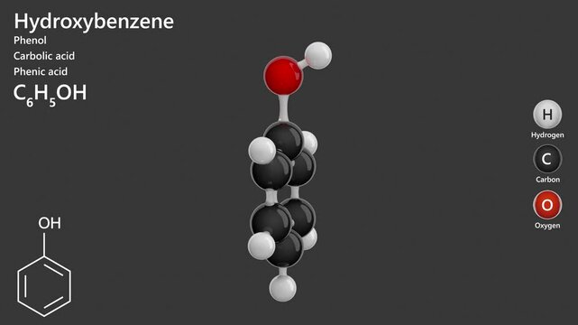 Hydroxybenzene or phenol. Animated 3D model of a molecule. Molecular formula: C6H6O. Chemical model: Ball and stick. Gray background. 3D rendering. Seamless loop.