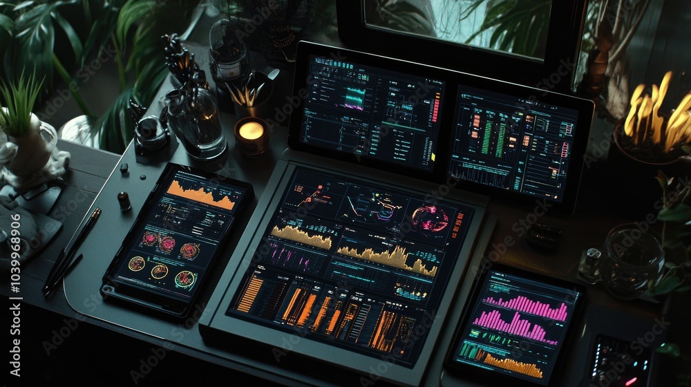 Poster modern data analytics workspace with visual dashboards