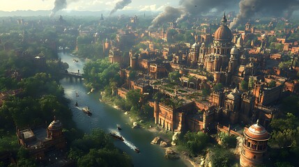 Fototapeta premium An aerial view of a sprawling, ancient city with a river running through it. Boats are seen traveling on the river, and the city is surrounded by lush greenery.