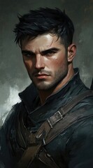 Fototapeta premium A portrait of a serious young man with short dark hair, wearing a rugged outfit.