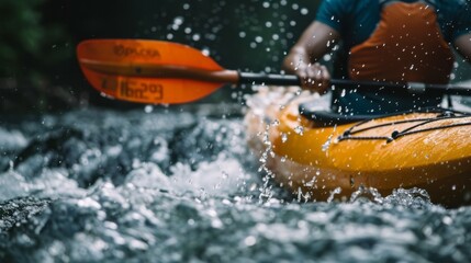 Kayak splashing river. A kayaker paddles through a river, creating splashes and enjoying the rush of the water. The image captures the thrill and energy of kayaking.