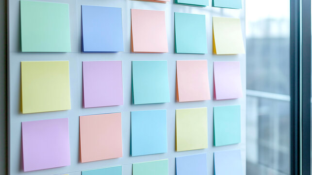 Closeup Blank pastel color sticky notes on wall. Prepare for workshop design thinking user experience designer.