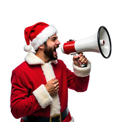 Jeune homme v&ecirc;tu d&rsquo;un costume de no&euml;l criant en m&eacute;gaphone, banni&egrave;re web de vente de no&euml;l