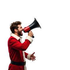 Jeune homme v&ecirc;tu d&rsquo;un costume de no&euml;l criant en m&eacute;gaphone, banni&egrave;re web de vente de no&euml;l