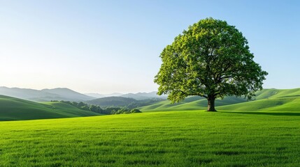 Fototapeta premium Lone green tree on vibrant hill under clear blue sky.