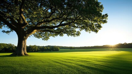 Fototapeta premium A majestic oak tree standing tall in a lush green field under bright blue skies.