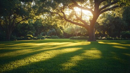 Obraz premium Majestic oak tree in a lush green park with dappled sunlight filtering through leaves, vibrant foliage, and a peaceful garden setting, captured in high-resolution with rich colors.