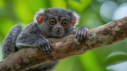 Close-up of a gray-bellied night monkey (Aotus lemurinus) on a tree branch